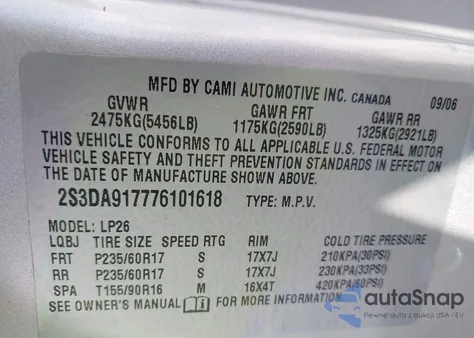 2007 Suzuki Xl7 Limited Platinum from USA, damaged, VIN 2S3DA917776101618